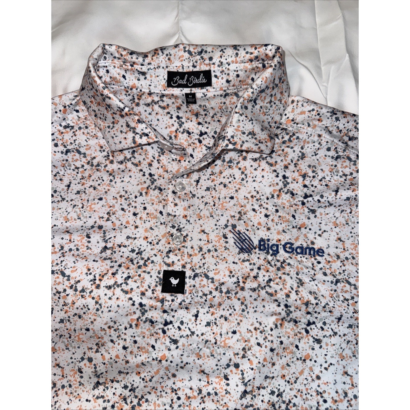 Bad Birdie Polo Shirt Mens Medium White Paint Splatter Golf Performance Stretch